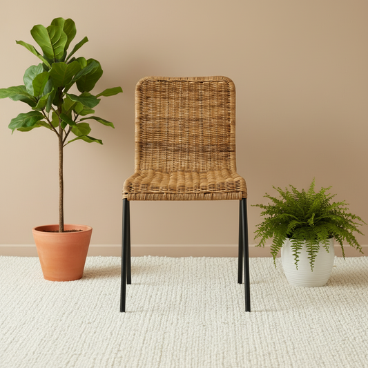 Woven chair with two potted plants against a beige wall.