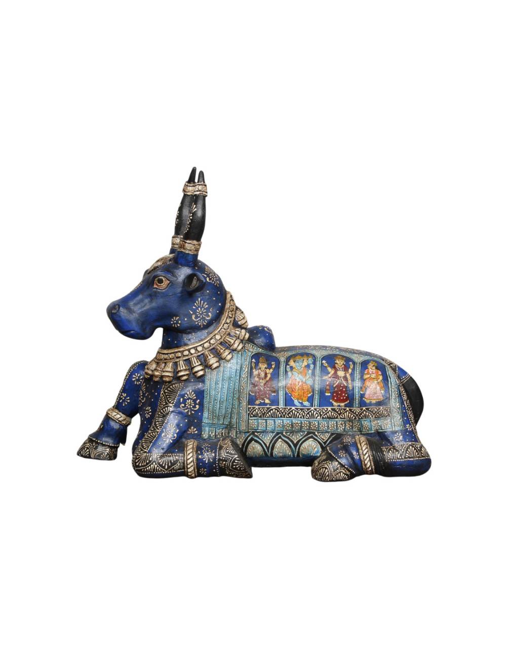 Decorative figurine of a blue bull with intricate designs on a white background