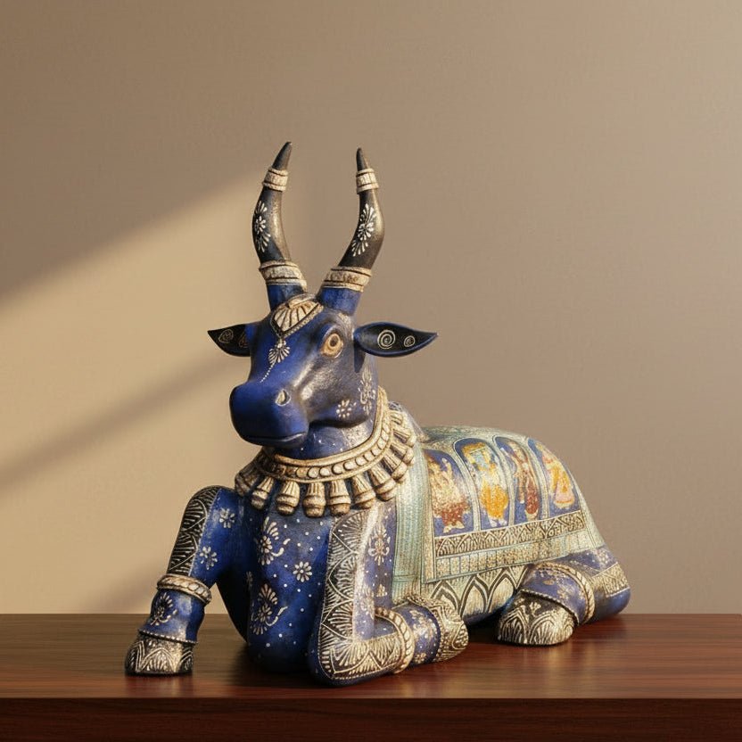 Decorative bull figurine with intricate patterns on a wooden surface