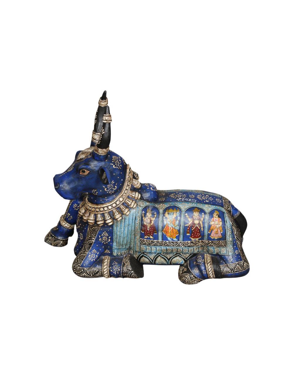 Decorative blue bull figurine with intricate designs on a white background