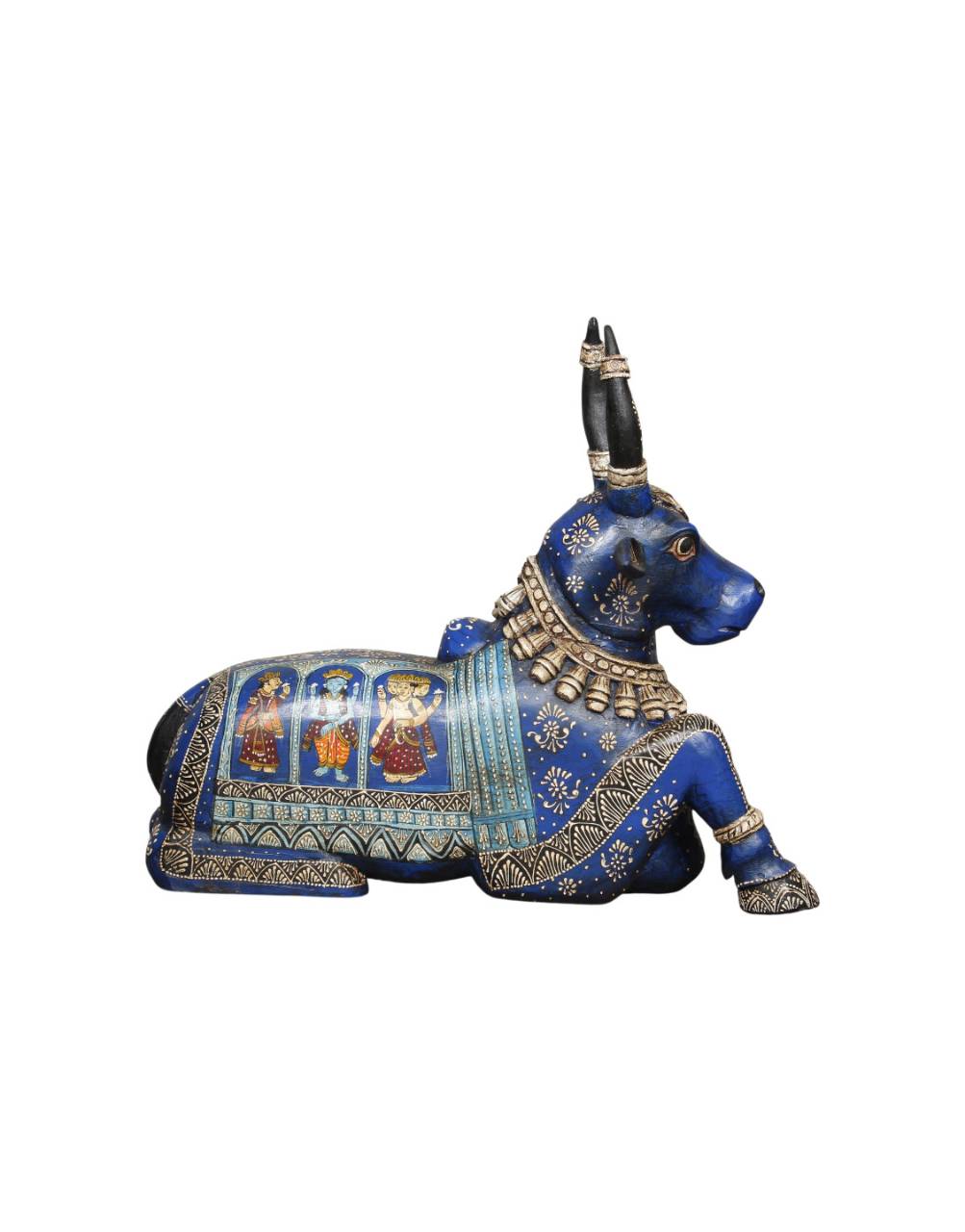 Decorative figurine of a blue cow with intricate patterns on a white background