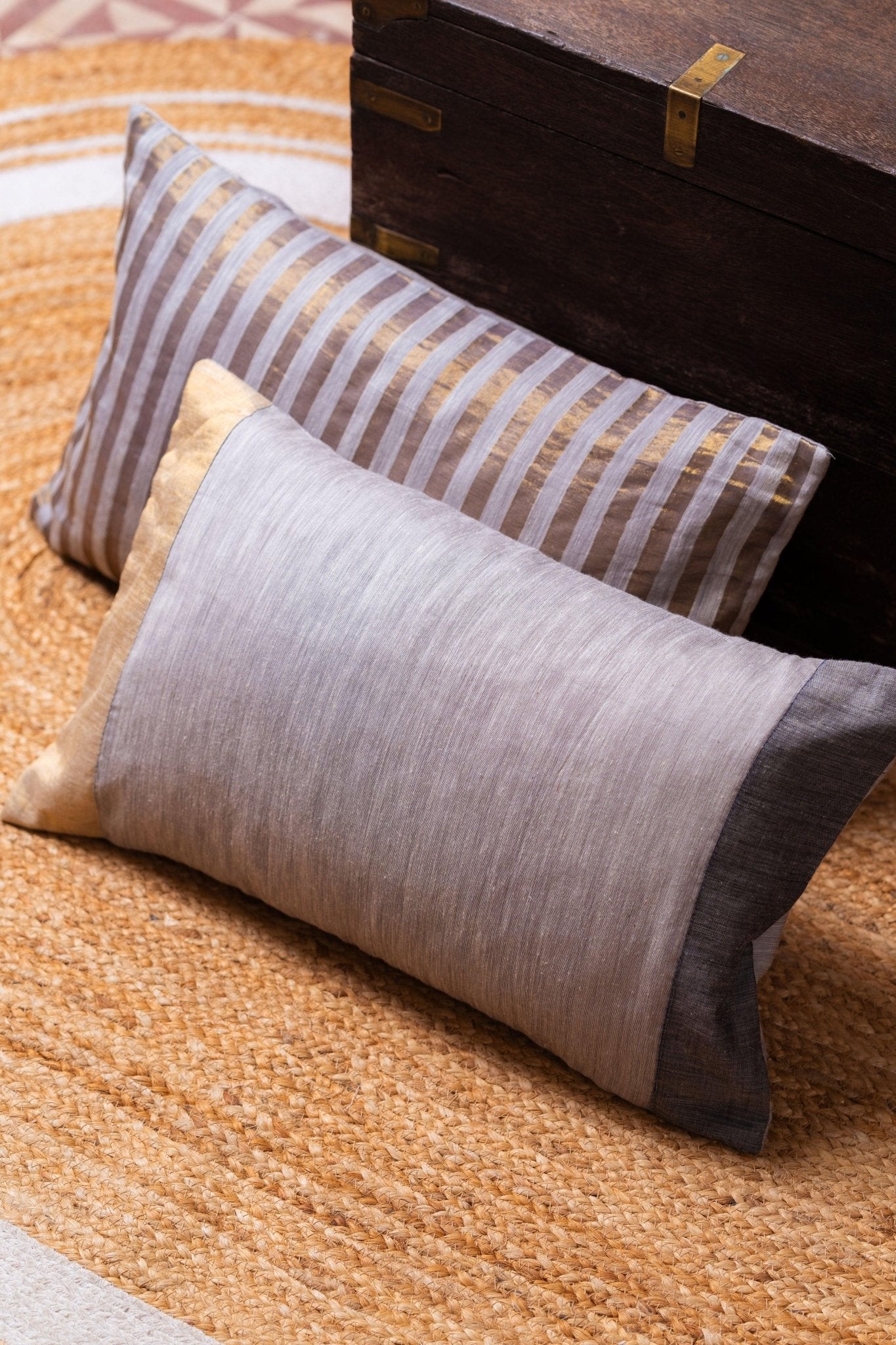 Slate and Gold Luxe Maheshwari Silk Cushion Covers - TesuCushion Covers