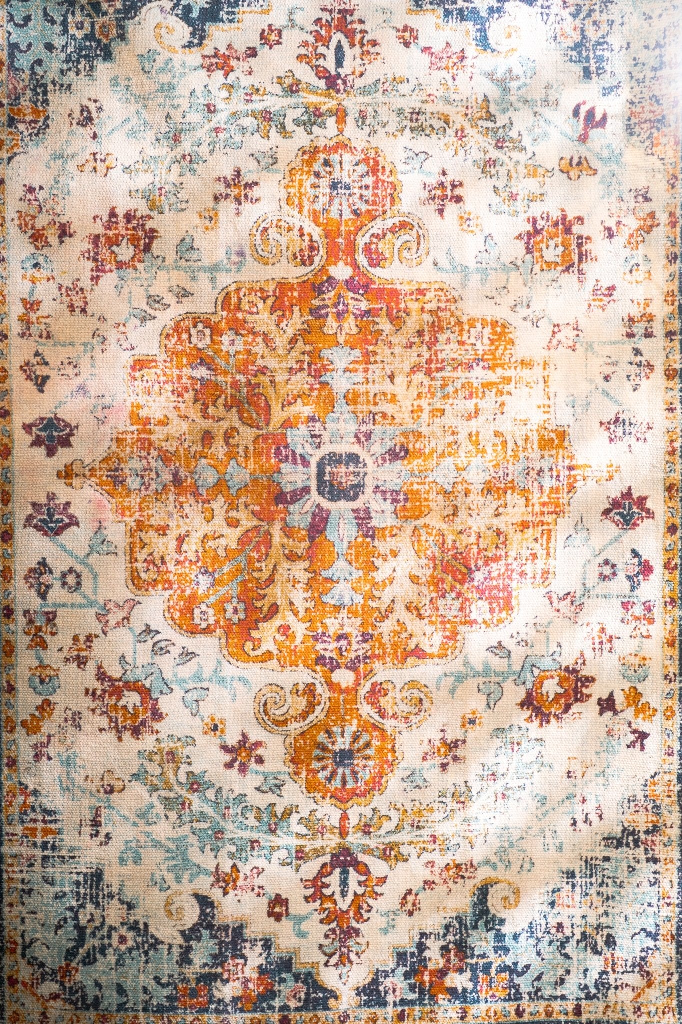 Multicolored patterned rug with intricate design on a neutral background