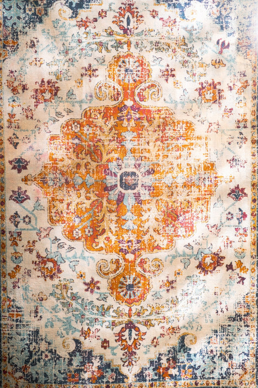 Multicolored patterned rug with intricate design on a neutral background