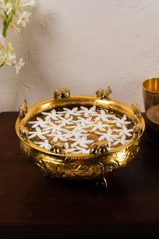 Swarna Design Embossed Elephant Brass Urli - TesuUrli