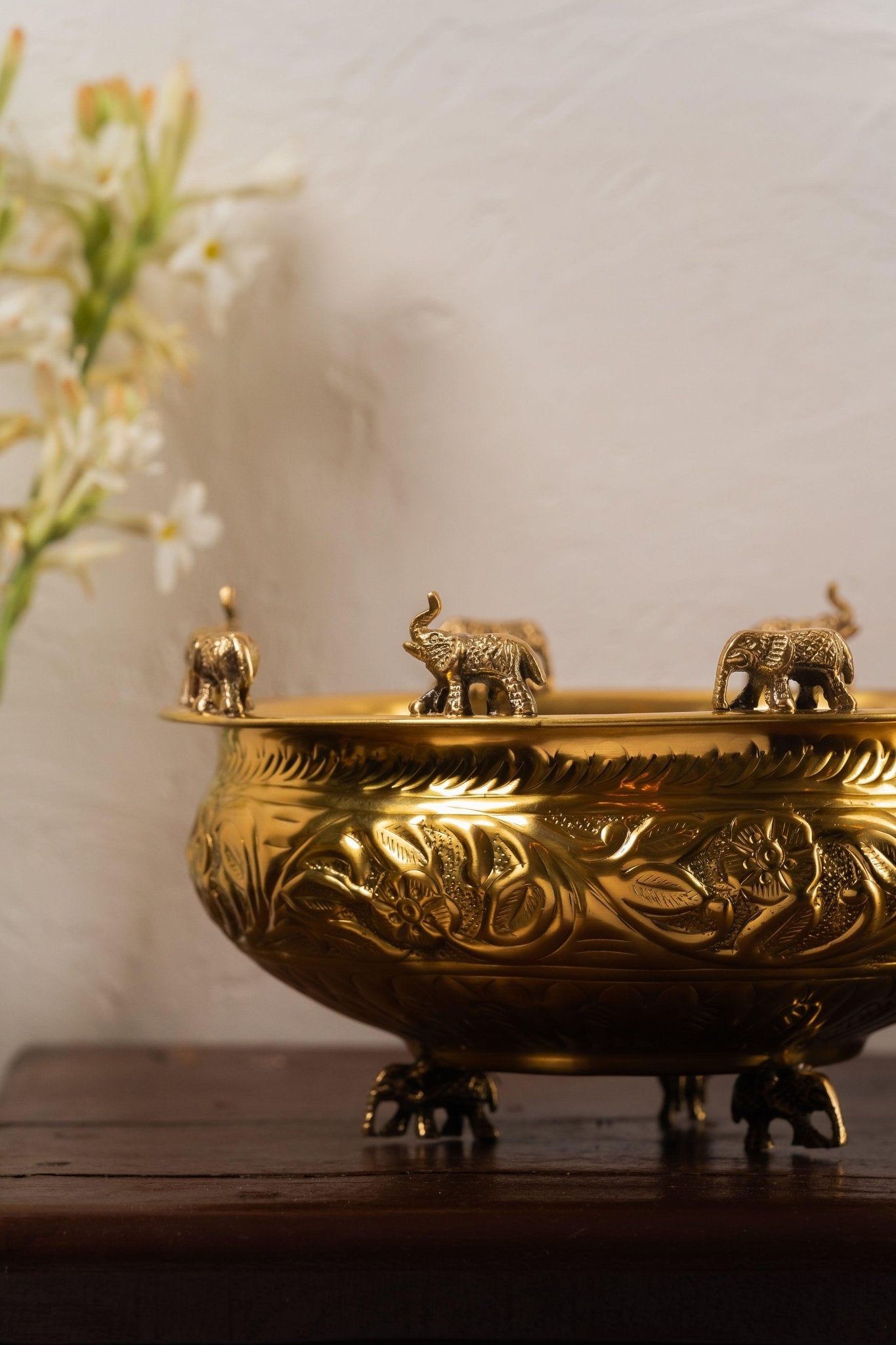 Swarna Design Embossed Elephant Brass Urli - TesuUrli