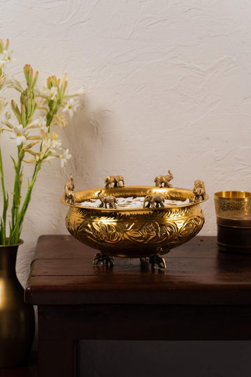 Swarna Design Embossed Elephant Brass Urli - TesuUrli