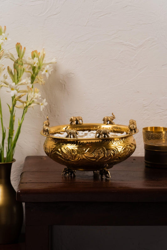 Swarna Design Embossed Elephant Brass Urli - TesuUrli