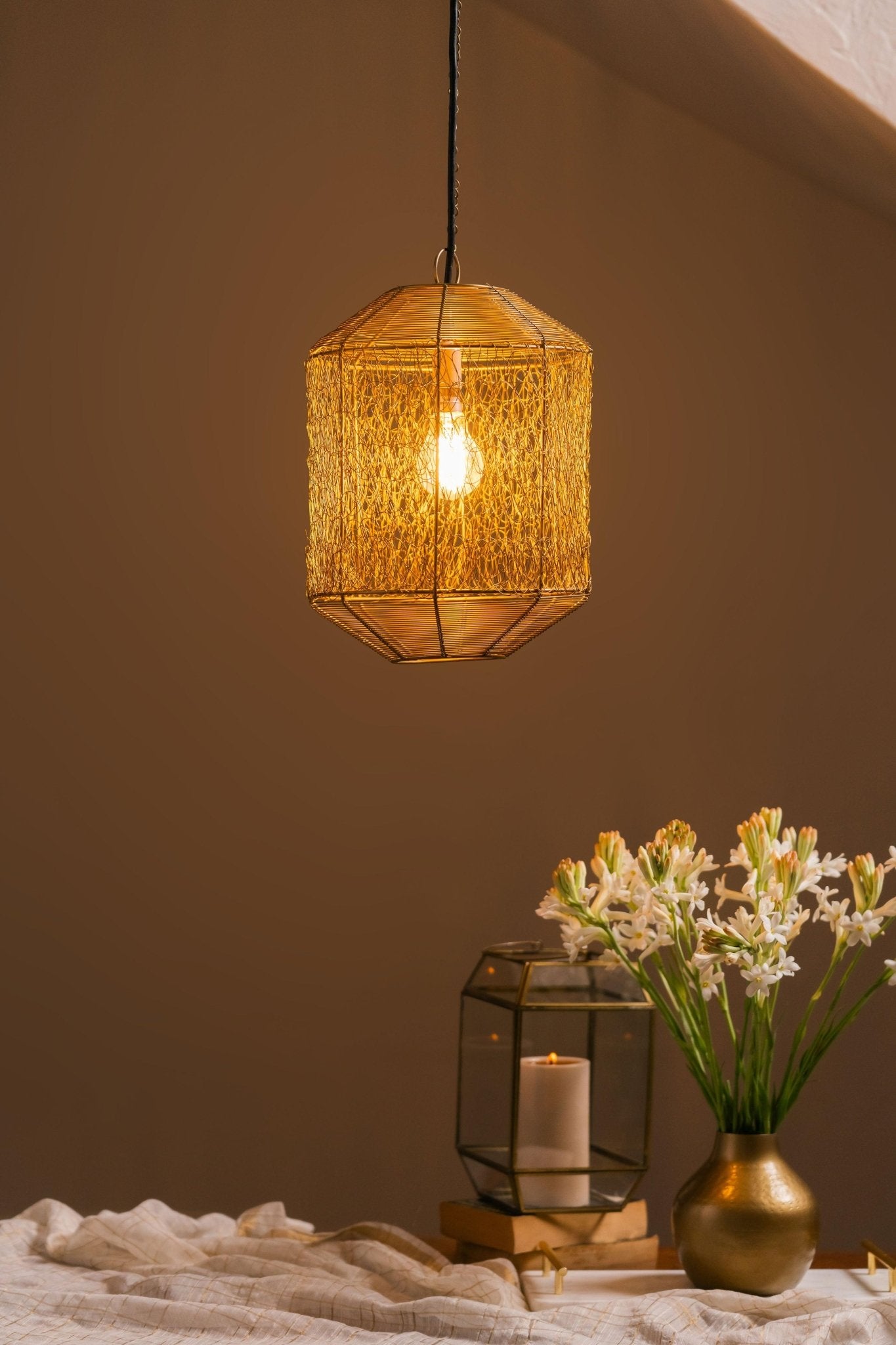 Swarna String Metal Lamp | Antique Brass Hammered Iron Pendant – Tesu
