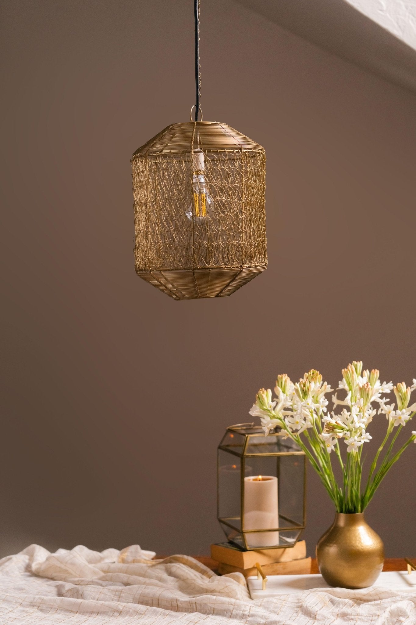 Swarna String Metal Lamp | Antique Brass Hammered Iron Pendant – Tesu