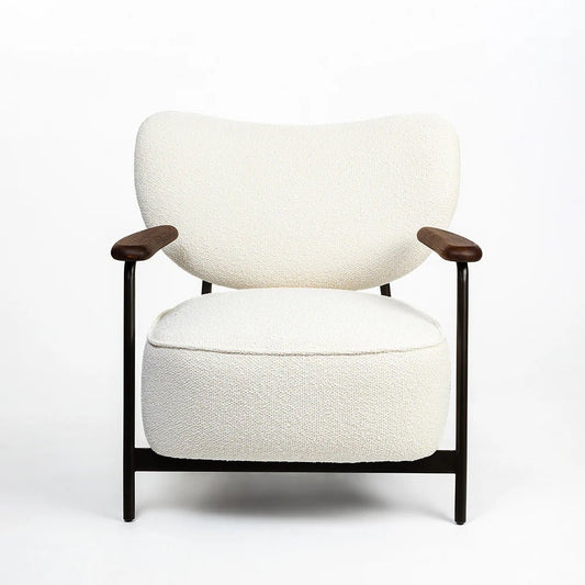 White armchair with wooden armrests on a white background