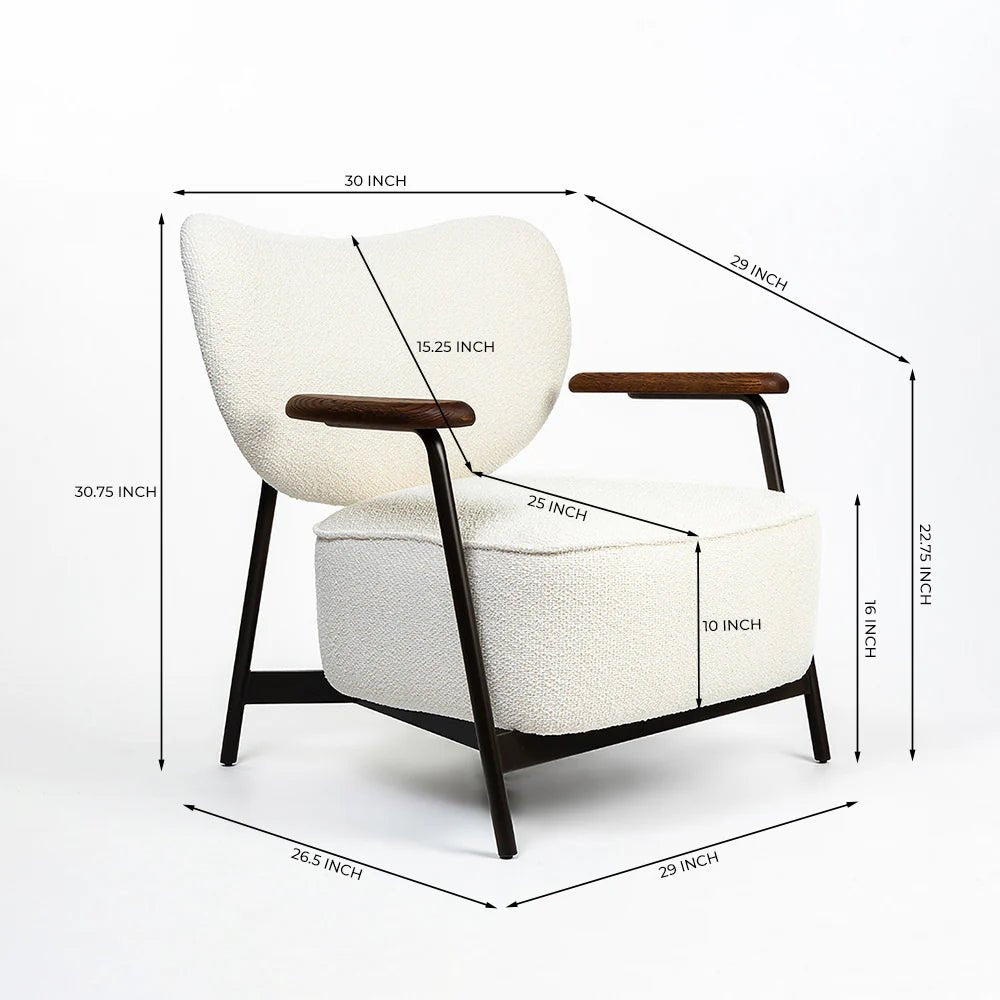 Measurement chart of a modern armchair with dimensions labeled.