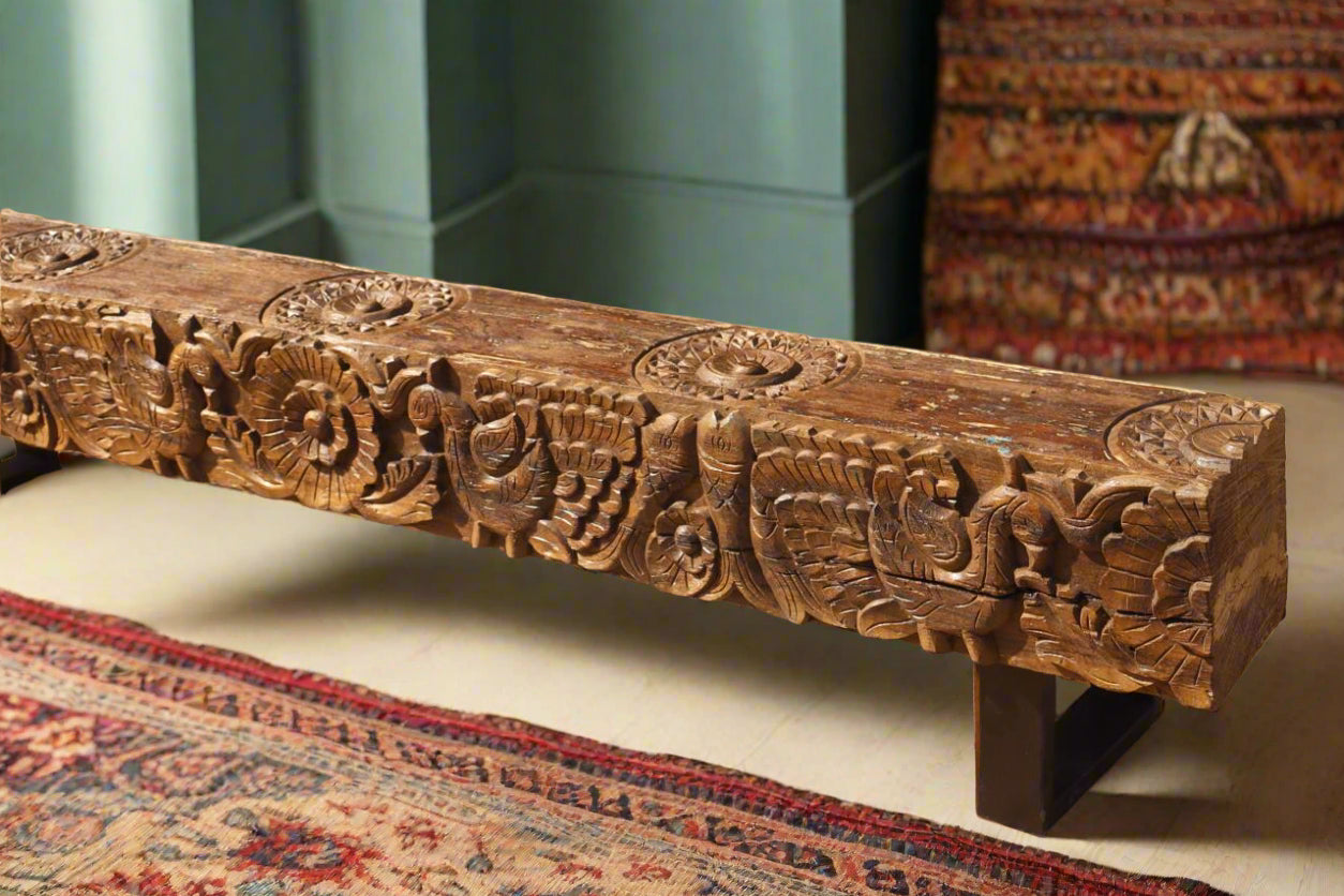 handcarved jaipur tesu bench, reclaimed wood sabya sachi design eleghant birds flower motif