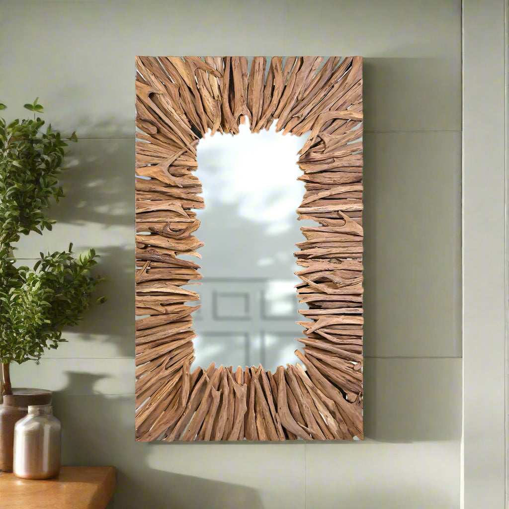 This stunning mirror features a unique Teak Wood-inspired frame, meticulously crafted to capture the essence of seaside serenity tesu