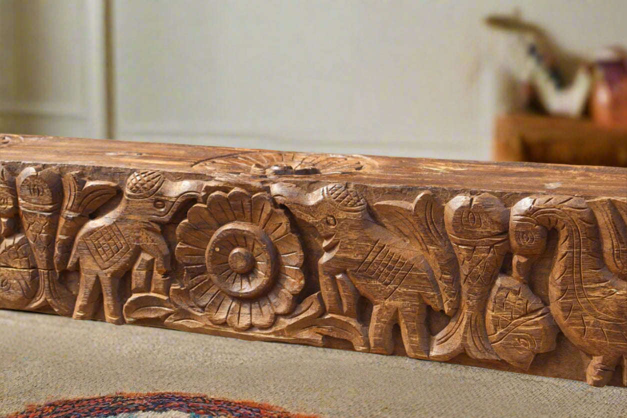 handcarved jaipur tesu bench, reclaimed wood sabya sachi design eleghant birds flower motif