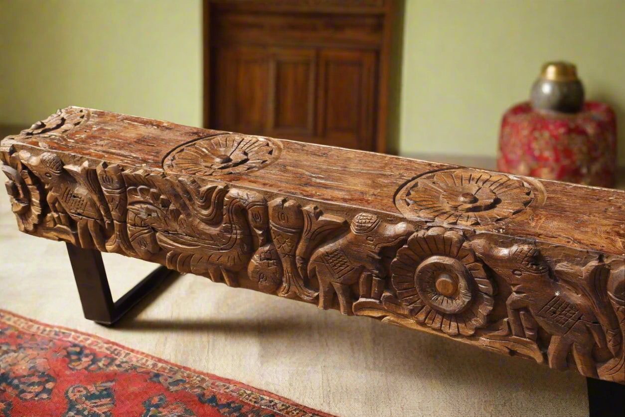 handcarved jaipur tesu bench, reclaimed wood sabya sachi design eleghant birds flower motif