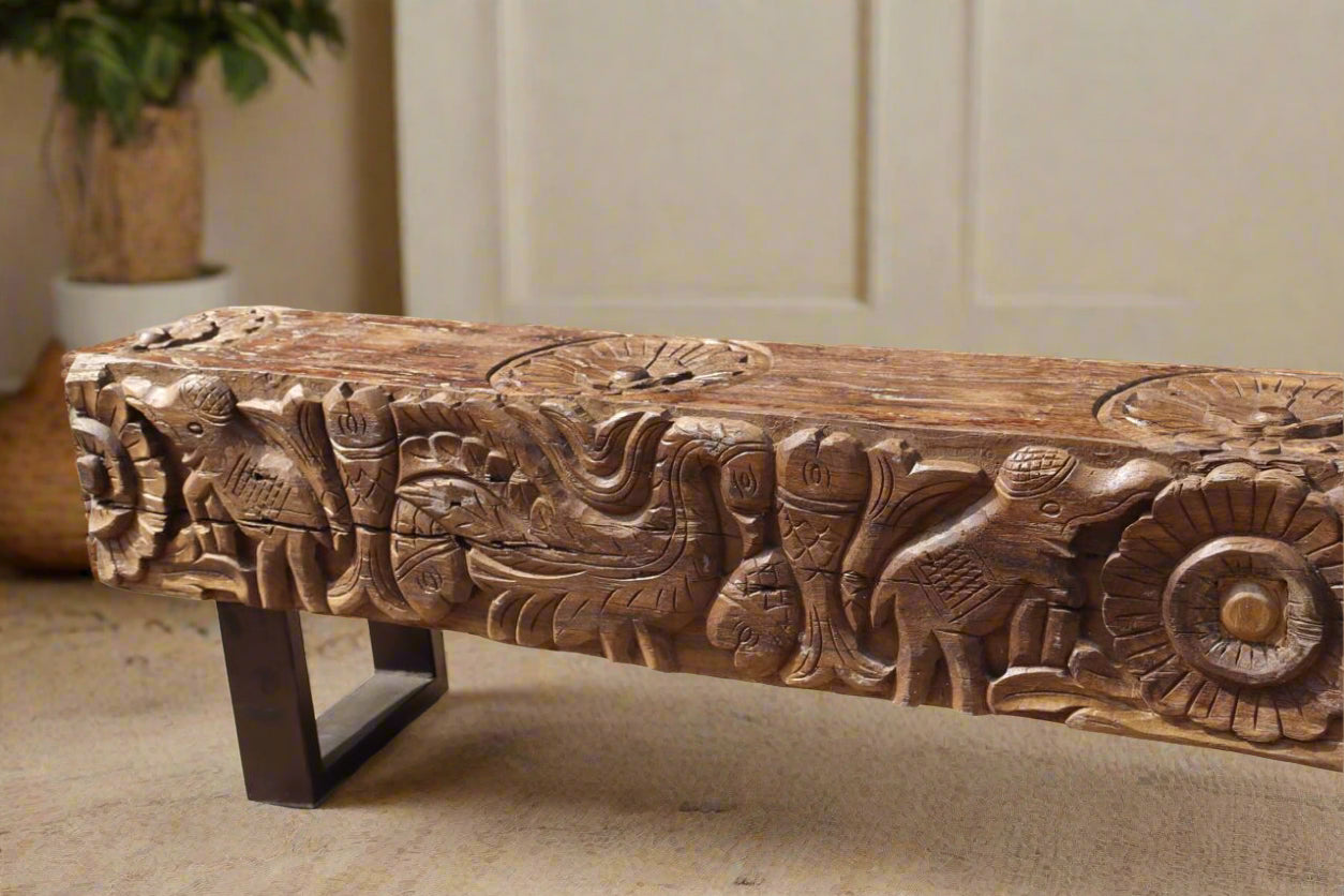 handcarved jaipur tesu bench, reclaimed wood sabya sachi design eleghant birds flower motif