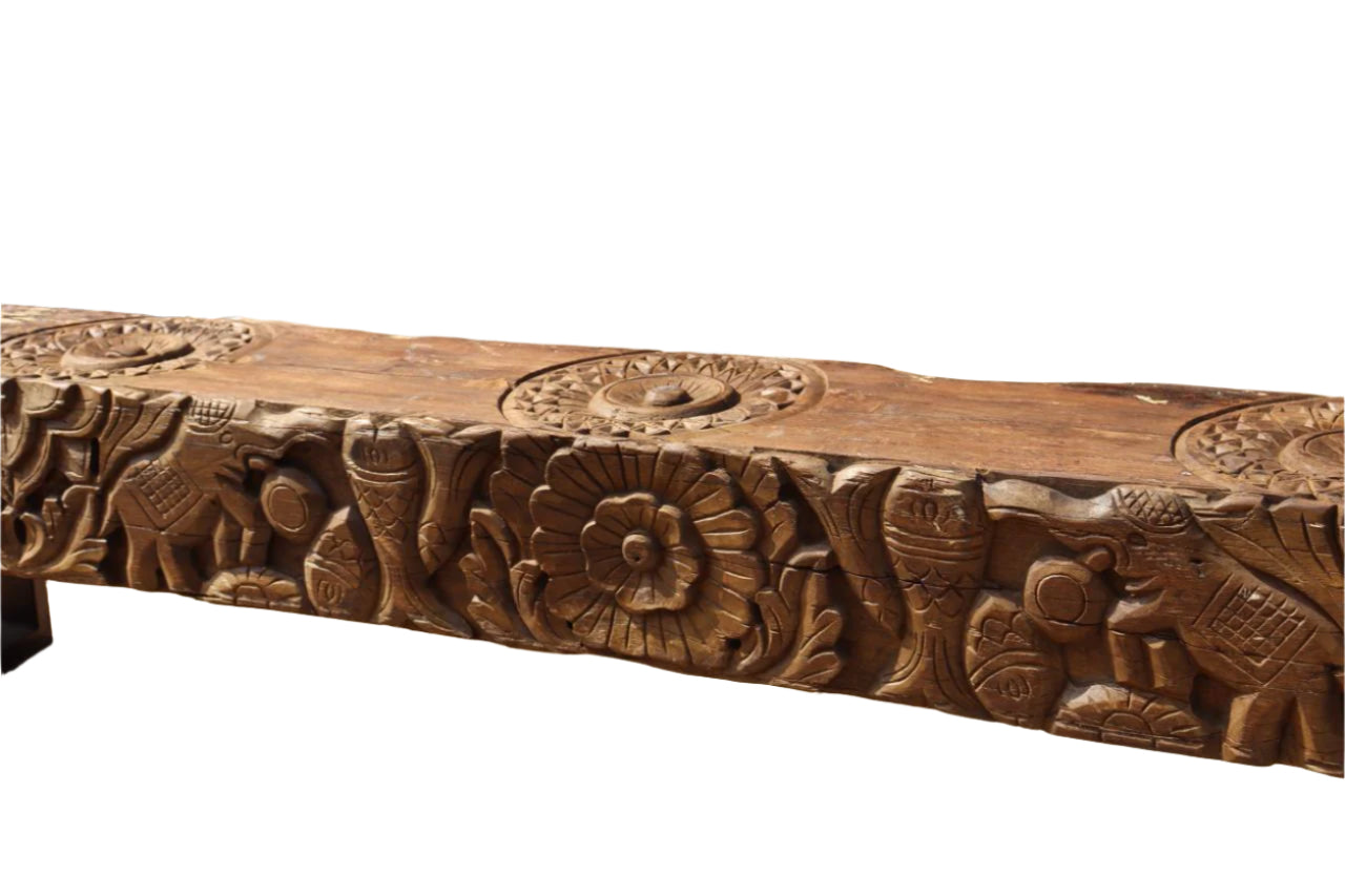 handcarved jaipur tesu bench, reclaimed wood sabya sachi design eleghant birds flower motif