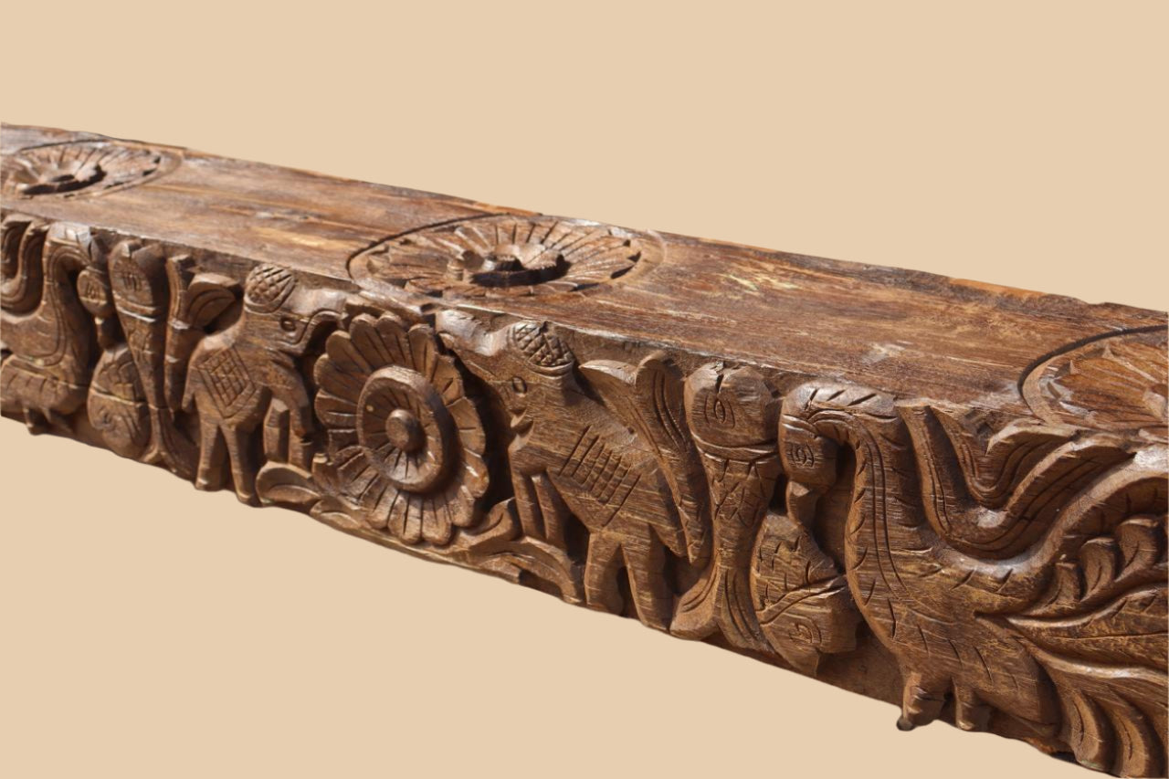 handcarved jaipur tesu bench, reclaimed wood sabya sachi design eleghant birds flower motif