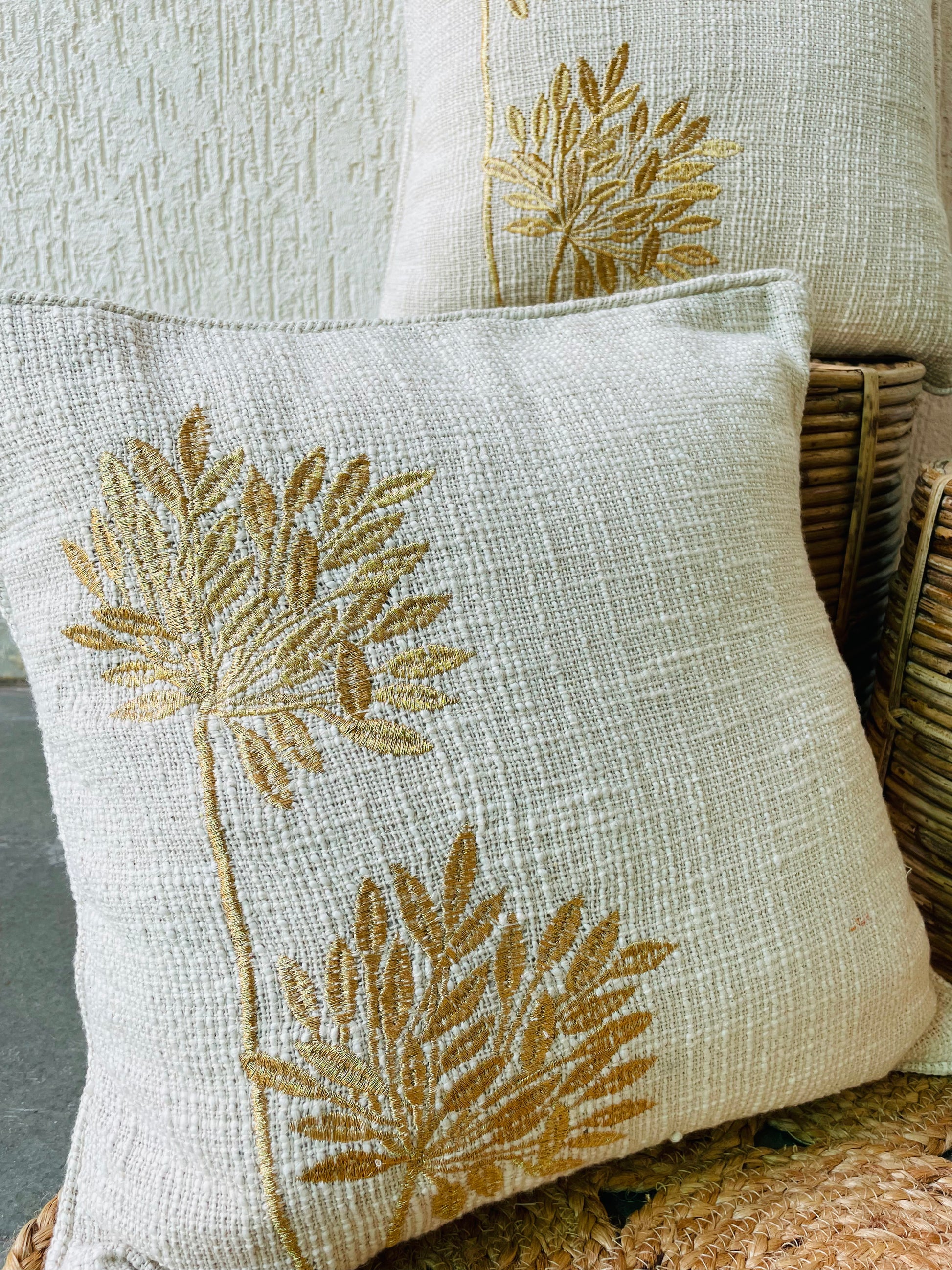 Motif Embossed Jute Cotton Cushion Covers - Off White with Golden Design- Set of 2