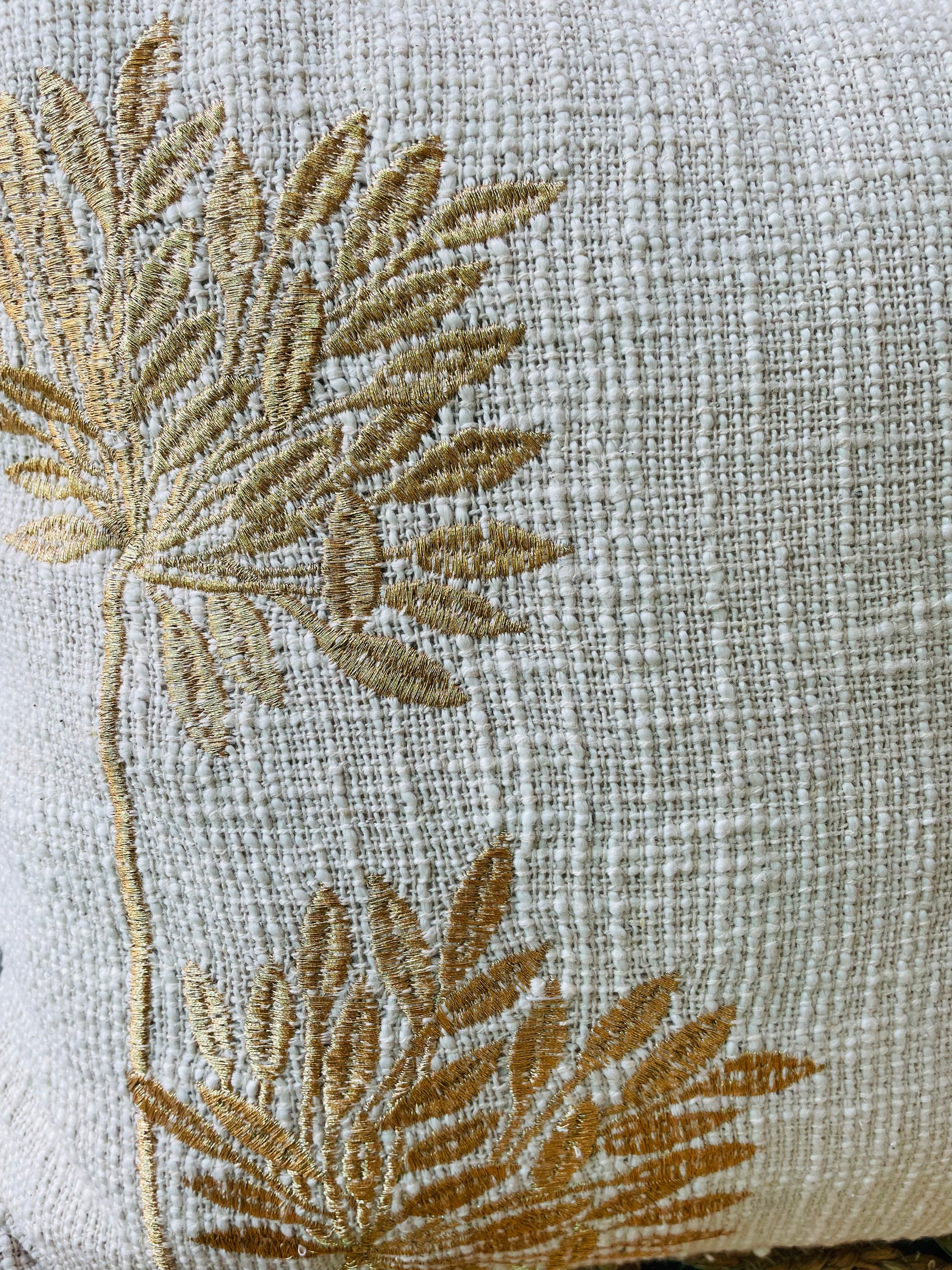 Motif Embossed Jute Cotton Cushion Covers - Off White with Golden Design- Set of 2 tesu