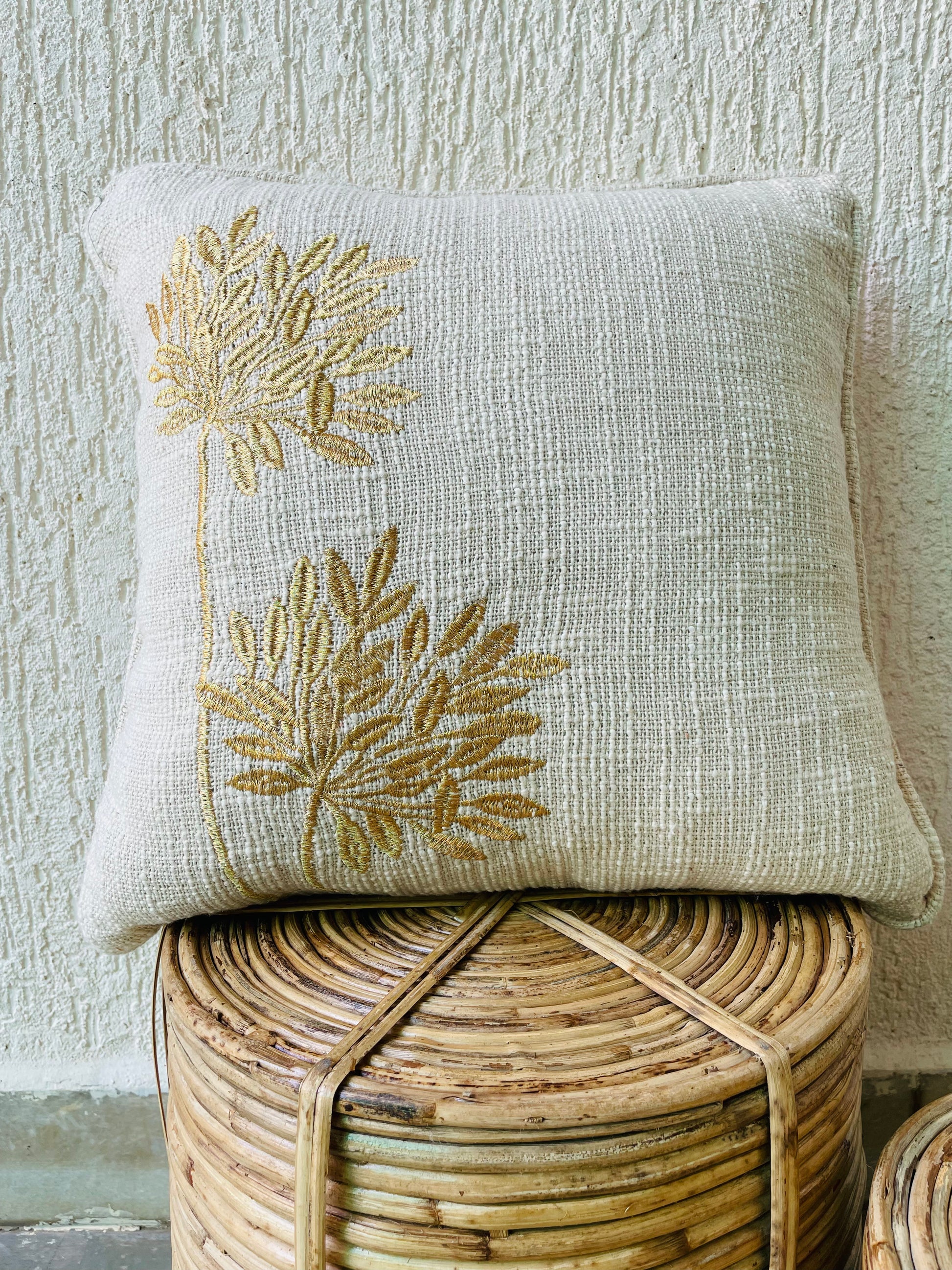 Motif Embossed Jute Cotton Cushion Covers - Off White with Golden Design- Set of 2 tesu