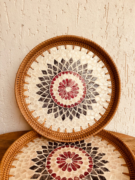 Mandala Designer Mother Of Pearl Rattan Tray - TESU