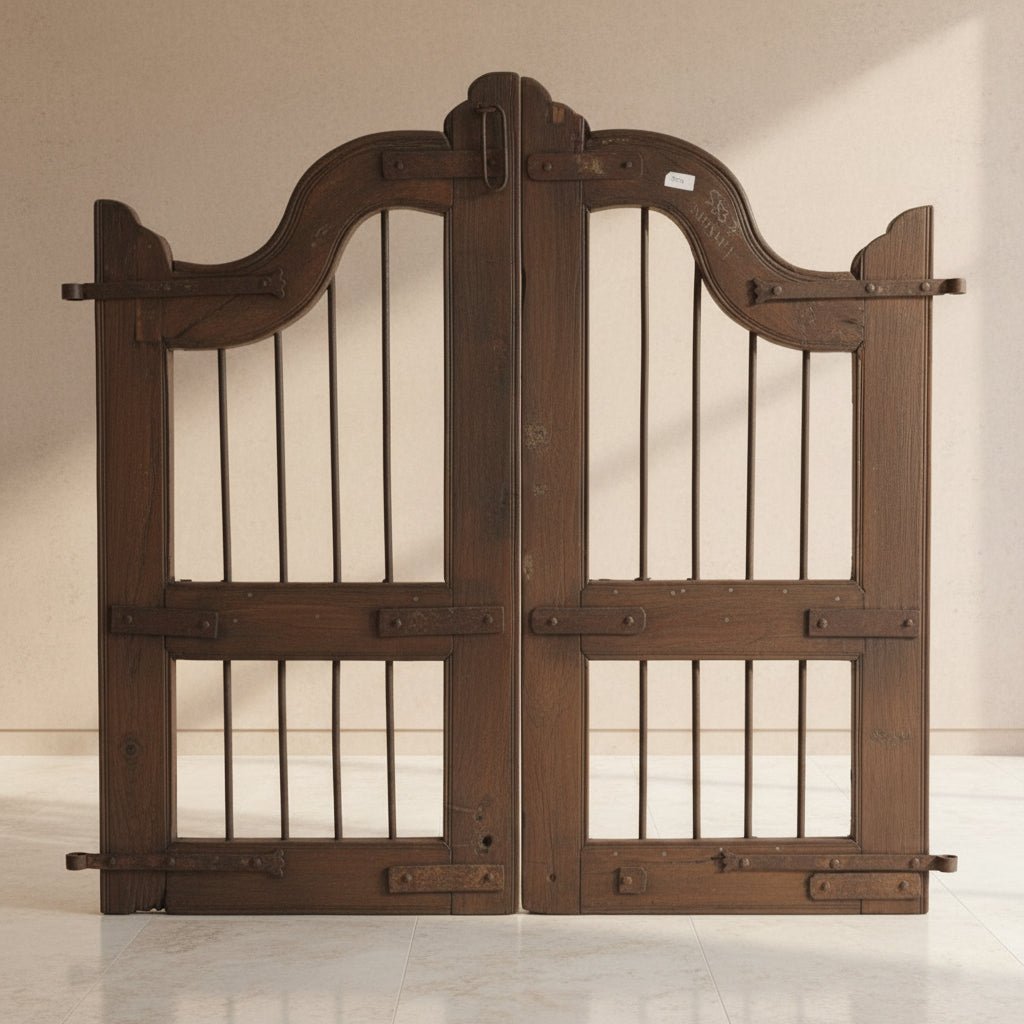 Pair of vintage wooden gates with metal bars on a gray background