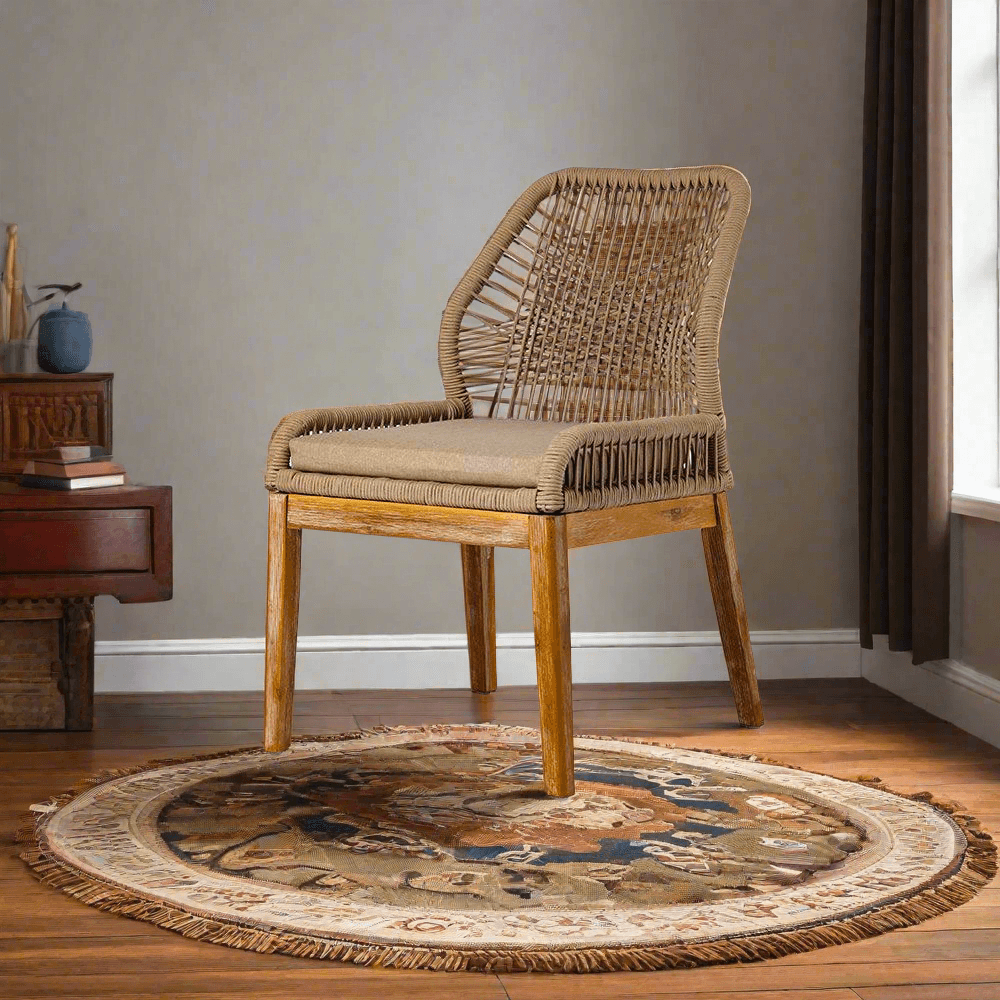 Wicker chair with cushion on a round patterned rug in a room with a wooden side table.