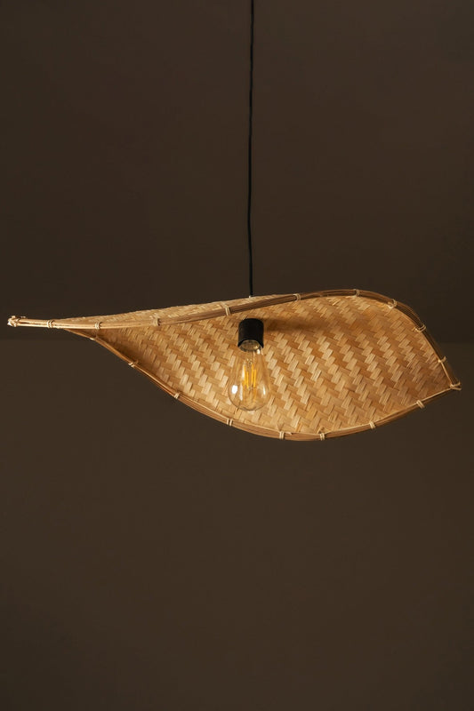 Thin wavy bamboo hanging lampshade handcrafted with elegant curved weaving, offering a warm ambient glow and a modern eco-friendly décor aesthetic.