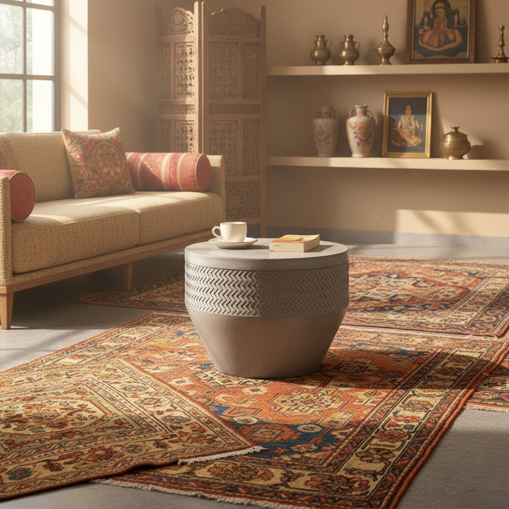 Living room with a textured coffee table, patterned rug, and decorative shelves.