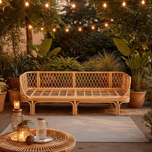 Wicker outdoor sofa in a garden setting with string lights and plants.