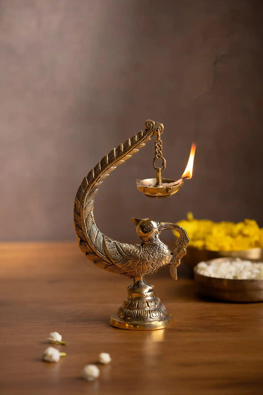 Vintage Brass Bulbul With Hanging Dia - TesuBrass Diya