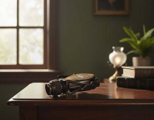 Vintage camera on a wooden surface with a window and plant in the background