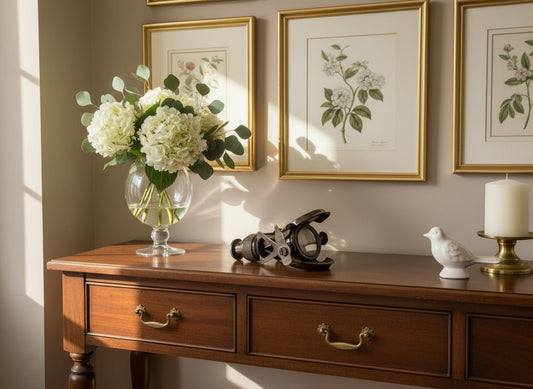 Metallic clip with intricate design on a light gray background