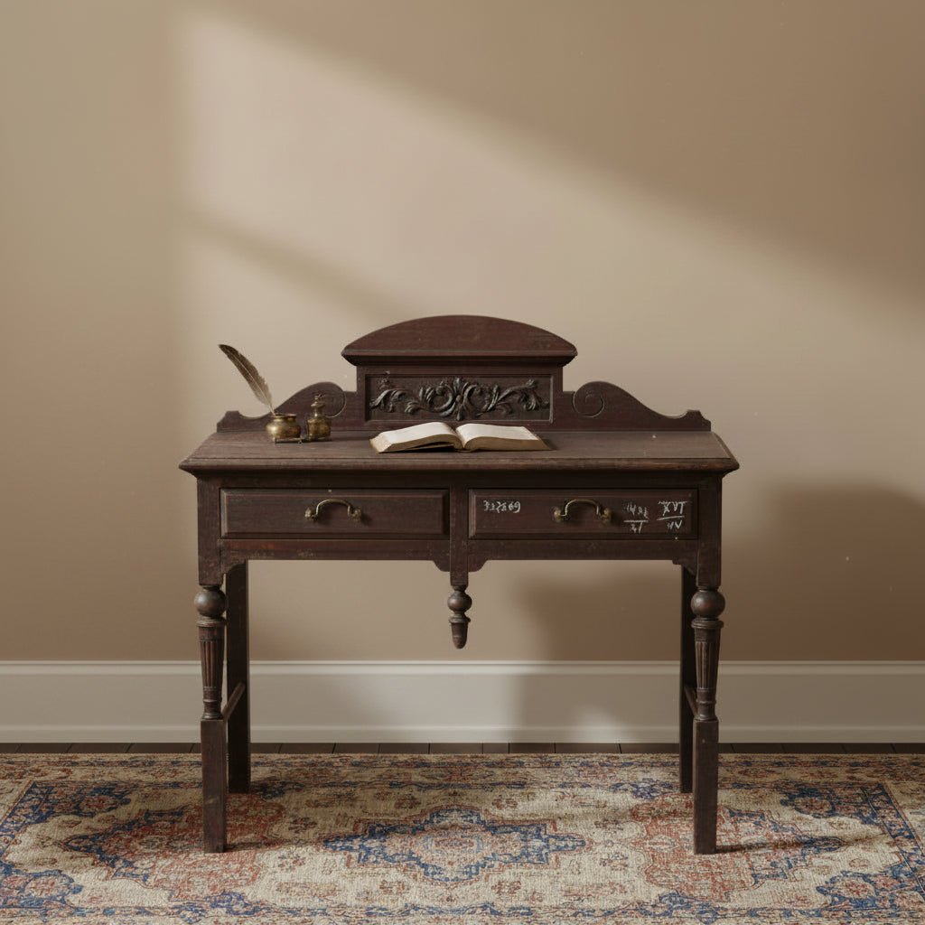 Vintage wooden desk with intricate carvings 