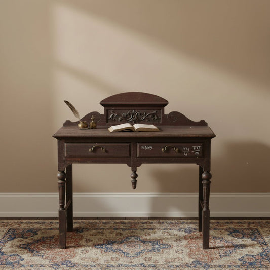 Vintage wooden desk with intricate carvings 