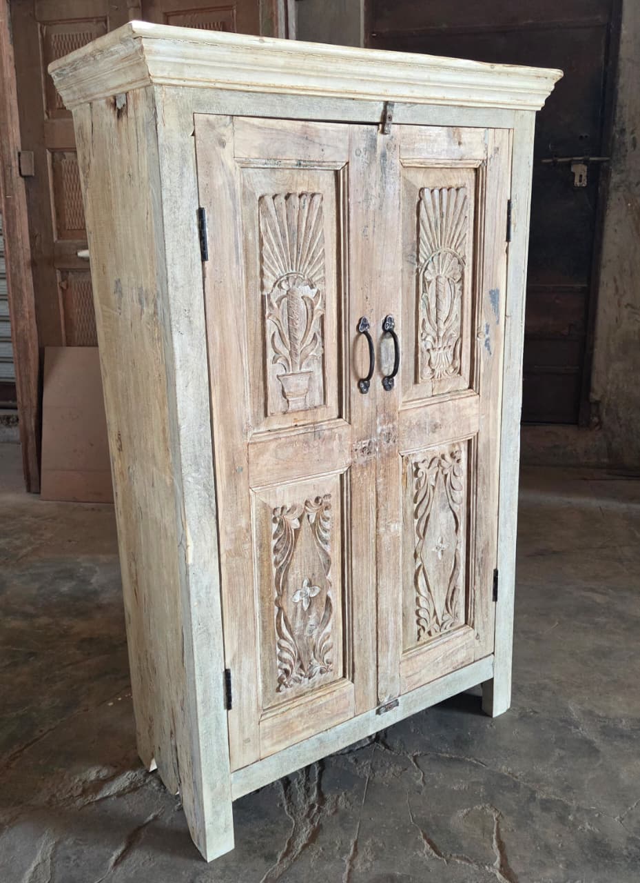 Vintage Carved Floral Cabinet - Distressed White - TesuFurniture