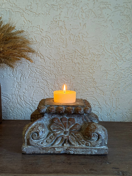 Vintage Carved Stone Candle Holder - Antique White Finish - TesuHome Decor