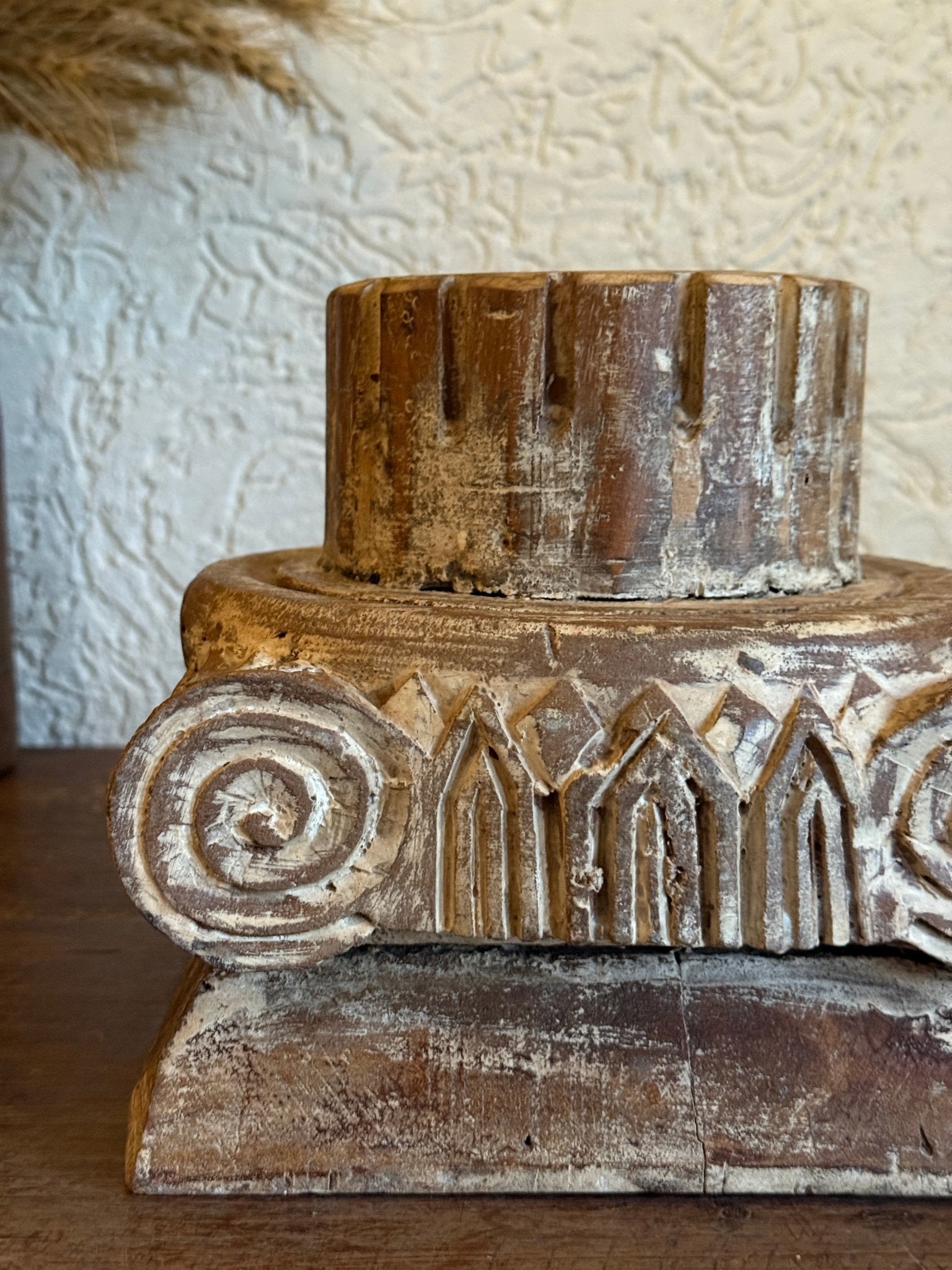 Vintage Carved Wooden Candle Holder - Tiered Pedestal Base with Metal Bowl - TesuHome Decor