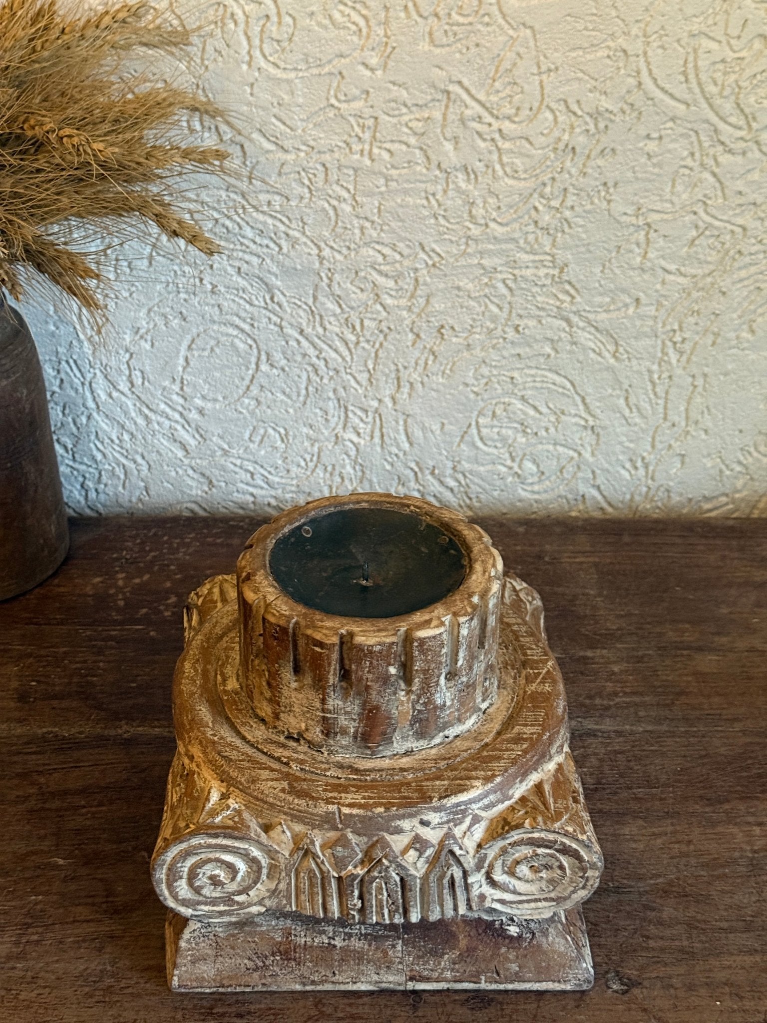 Vintage Carved Wooden Candle Holder - Tiered Pedestal Base with Metal Bowl - TesuHome Decor