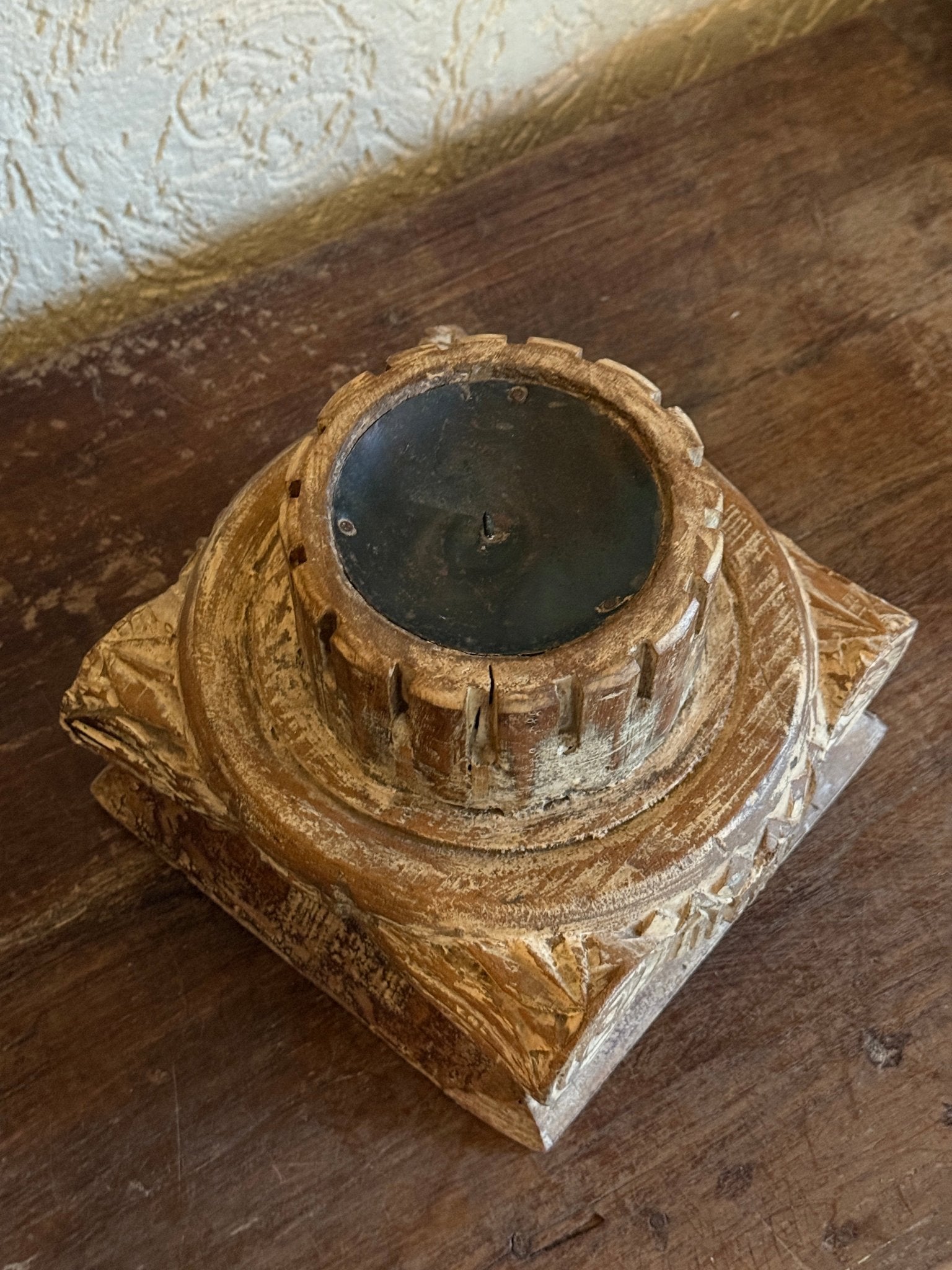 Vintage Carved Wooden Candle Holder - Tiered Pedestal Base with Metal Bowl - TesuHome Decor