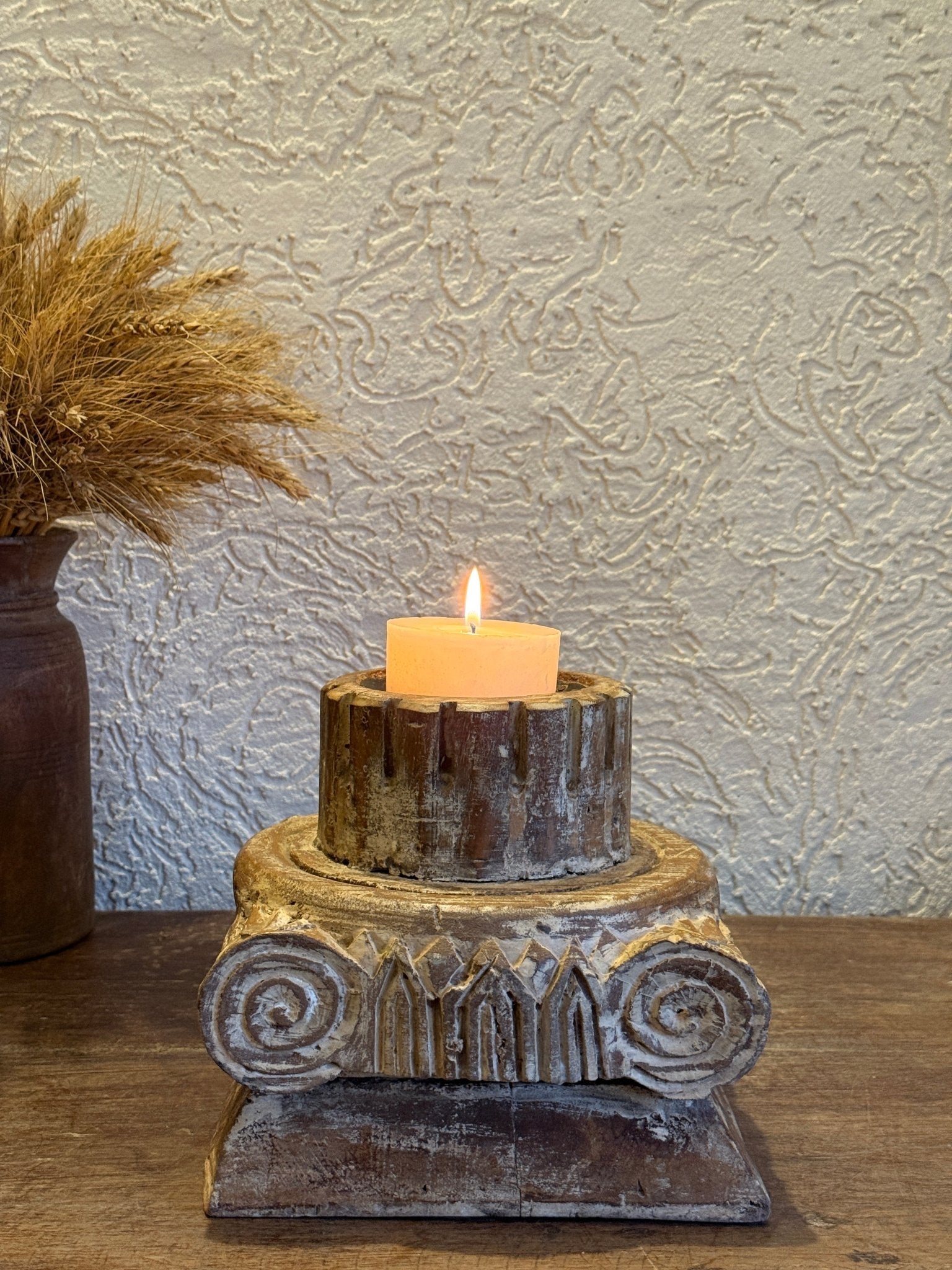 Vintage Carved Wooden Candle Holder - Tiered Pedestal Base with Metal Bowl - TesuHome Decor