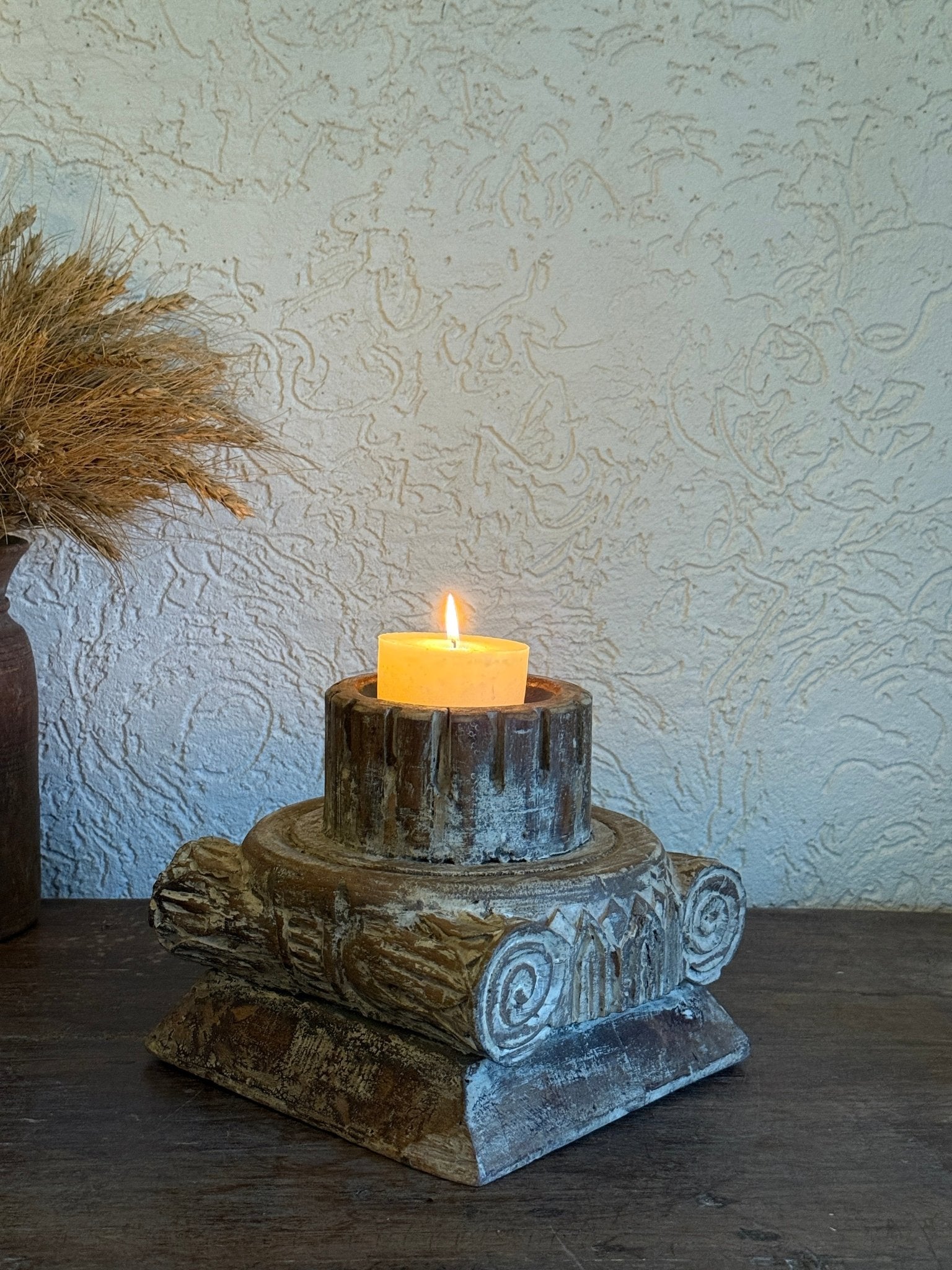 Vintage Carved Wooden Candle Holder - Tiered Pedestal Base with Metal Bowl - TesuHome Decor