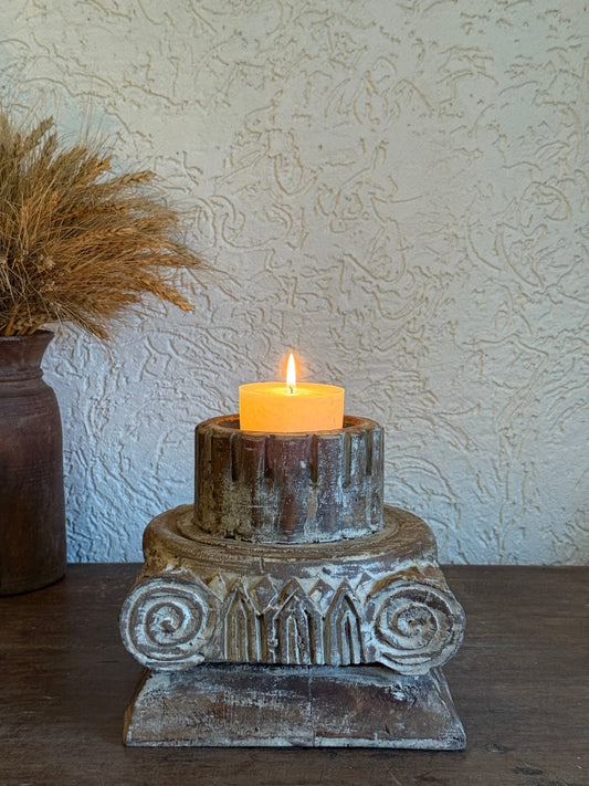Vintage Carved Wooden Candle Holder - Tiered Pedestal Base with Metal Bowl - TesuHome Decor