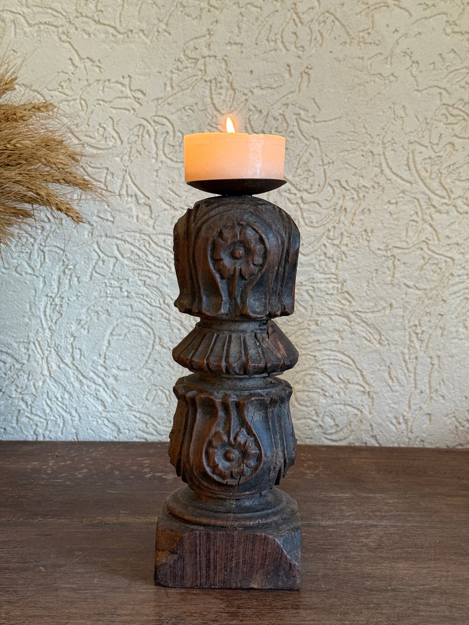 Vintage Carved Wooden Candle Holder - Urn Design with Metal Dish - TesuHome Decor