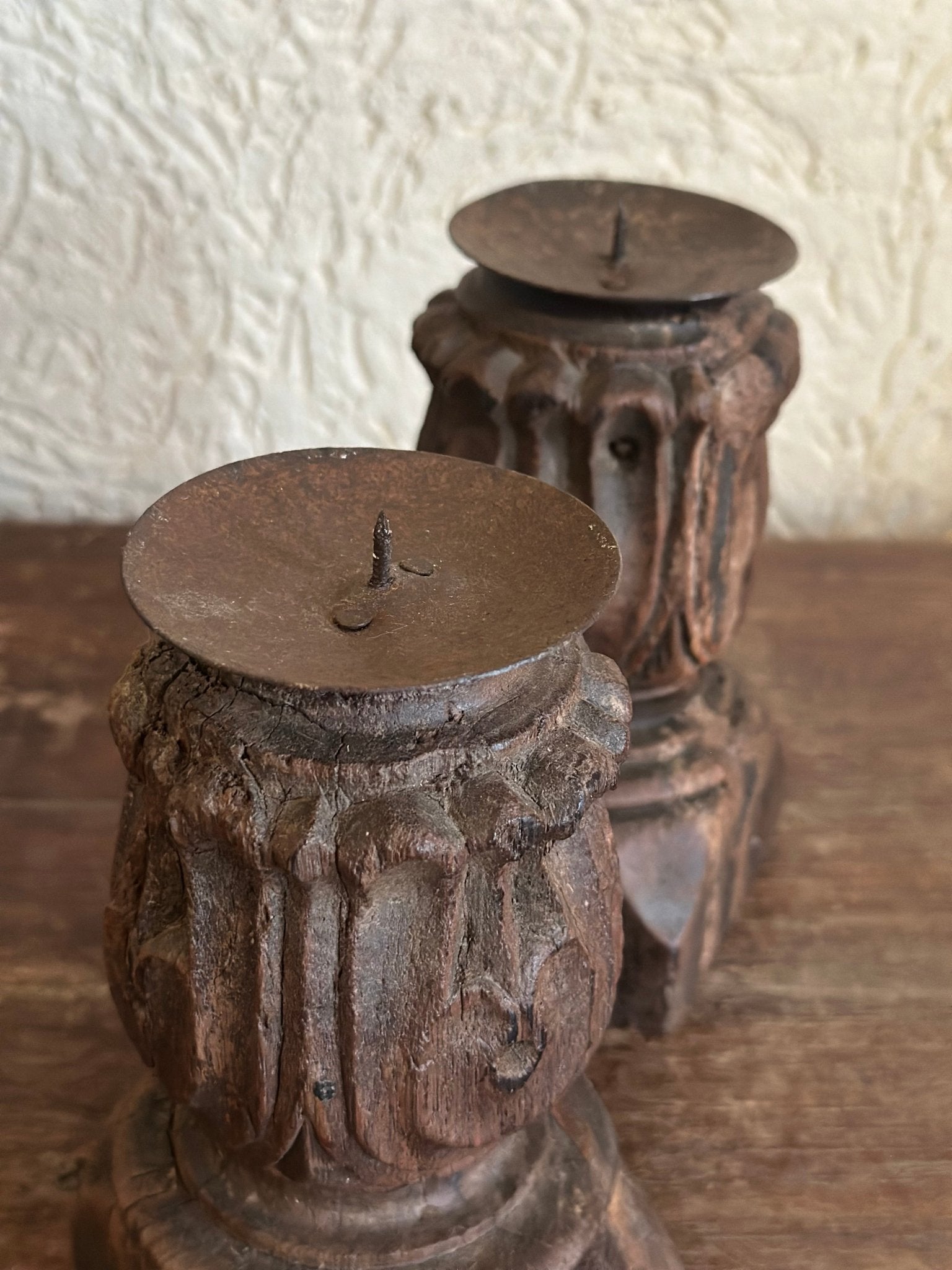 Vintage Carved Wooden Candle Holder - Urn Design with Metal Dish - TesuHome Decor