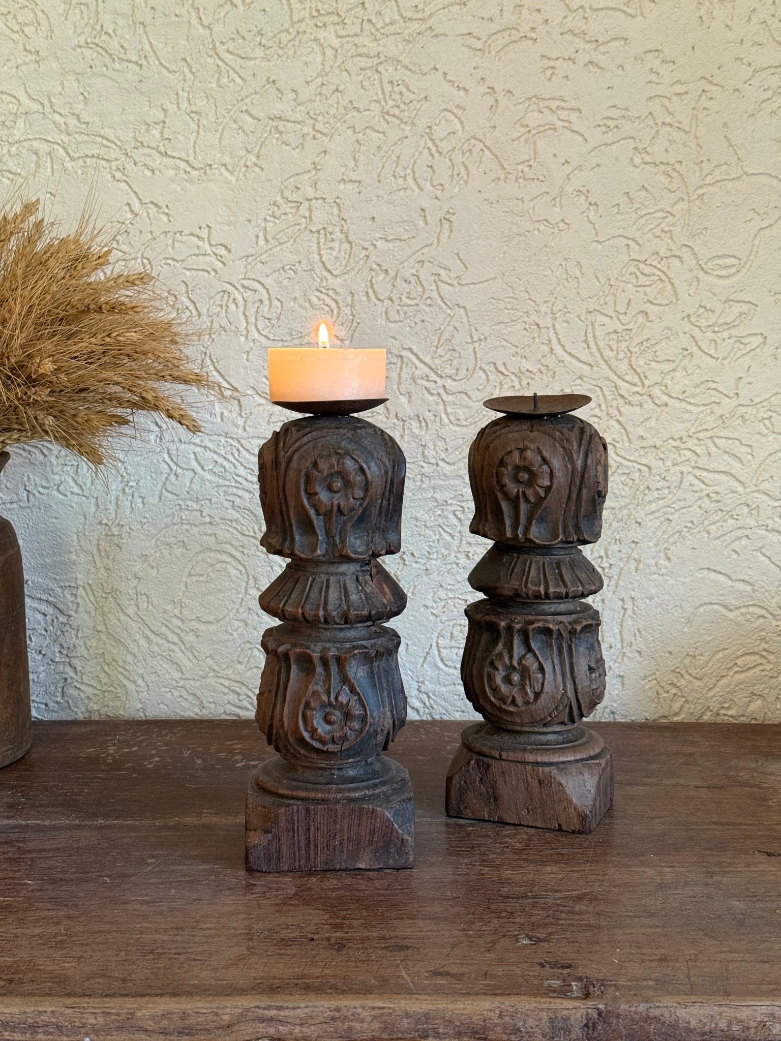 Vintage Carved Wooden Candle Holder - Urn Design with Metal Dish - TesuHome Decor