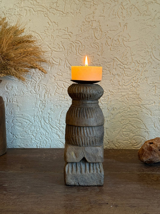 Vintage Carved Wooden Pillar Candle Holder - Rustic Indian Decor - TesuHome Decor