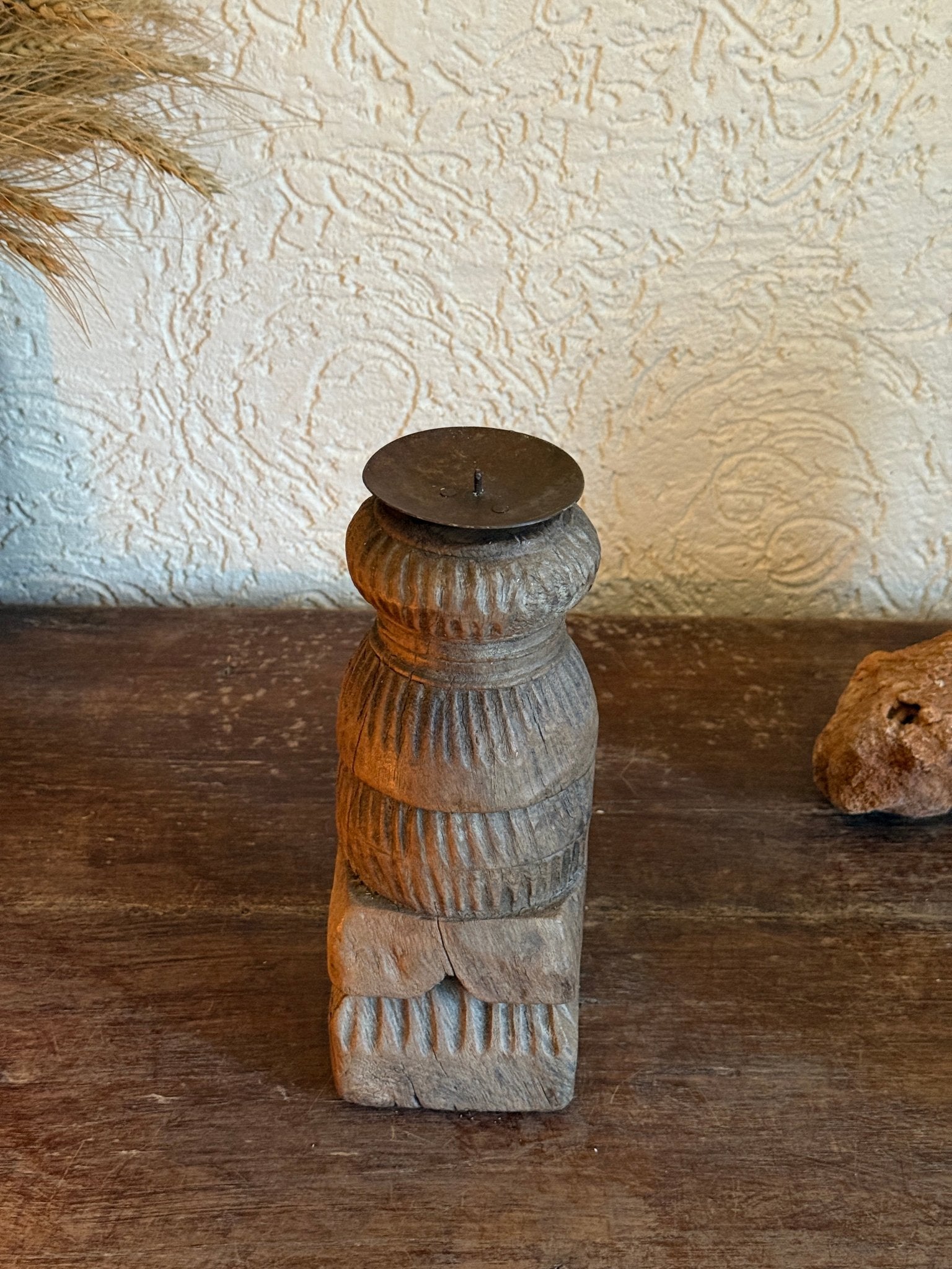 Vintage Carved Wooden Pillar Candle Holder - Rustic Indian Decor - TesuHome Decor